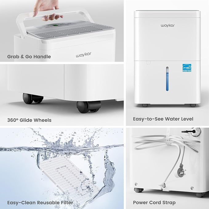 Waykar 2000 Sq. Ft. Energy Star 2025 Dehumidifier for Basement & Home, Adjusts from 15% RH With Drain Hose, Ultra Quiet 35 dB for Bedroom & Bathroom