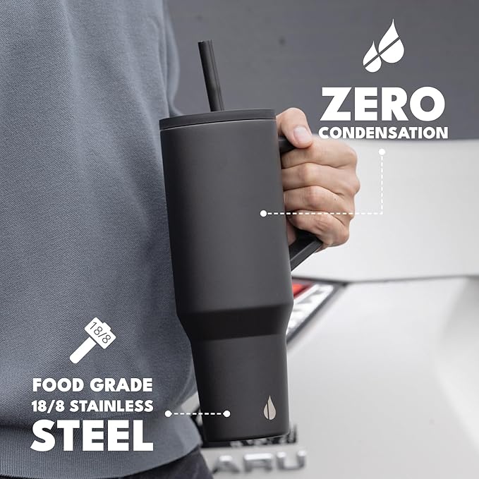 Elemental 40 oz Tumbler with Handle and Straw - Spill Proof Insulated Stainless Steel Commuter for Cold Beverages - Travel Coffee Mug with 2 Straws & Spill Proof Lid - 40oz - Black