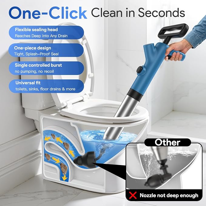 Granarbol High Pressure Toilet Plunger, Air Drain Blaster with Real-Time Gauge,Heavy Duty Toilet Auger & Drain Snake-Clog Remover for Toilets, Sinks, Floor Drains (Blue)