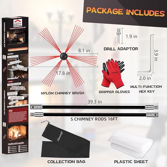 Chimney Sweep Kit 16 Feet, Chimney Cleaning Kit with 5 Black Nylon Flexible Chimney Rods, Rotary Chimney Cleaning System Driven by Drill for Sweeping Fireplace, Chimney Cleaners with Strong Brush