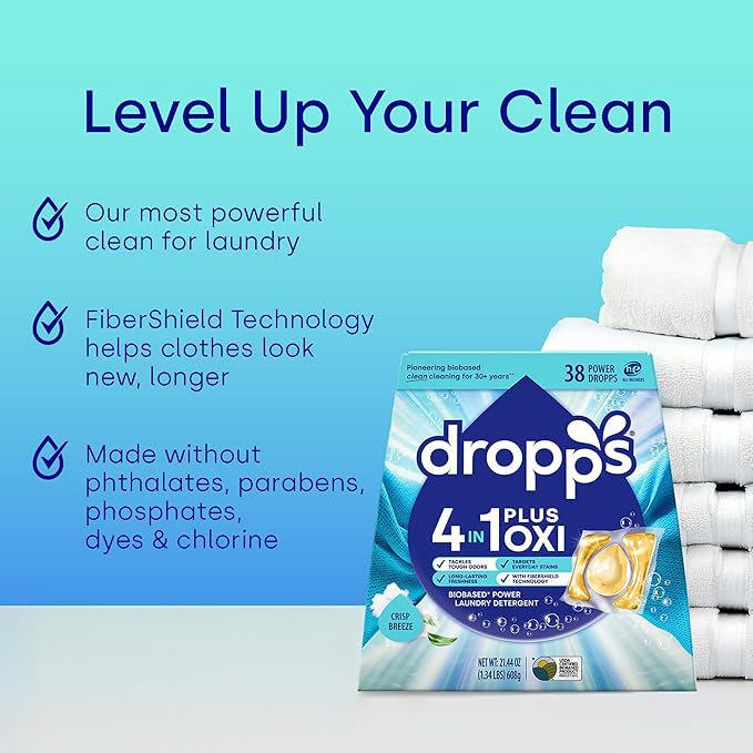 Dropps 4-in-1 Plus Oxi Laundry Detergent Pods, Crisp Breeze (76 Count) - Laundry Pods | Advanced Odor Defense | Fights Stains | Whitens & Brightens | Clean Ingredients | Plastic Free Packaging