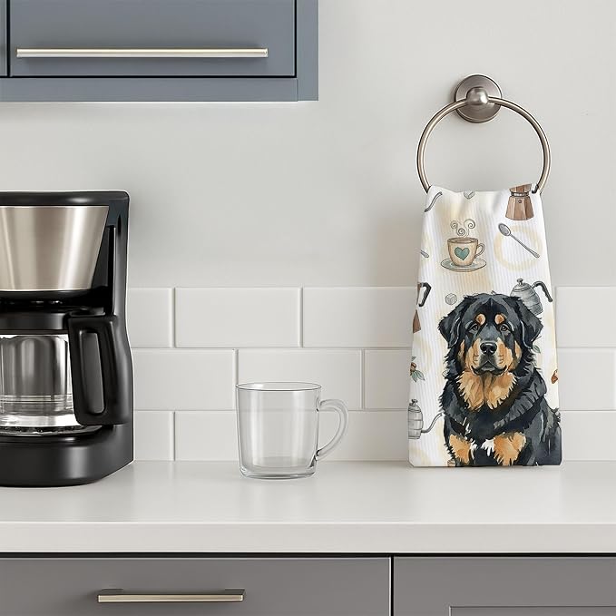 Caroline's Treasures Black and Tan Tibetan Mastiff Coffee Bar Kitchen Towel Velour Plush Front and Cotton Loop Back Machine Washable