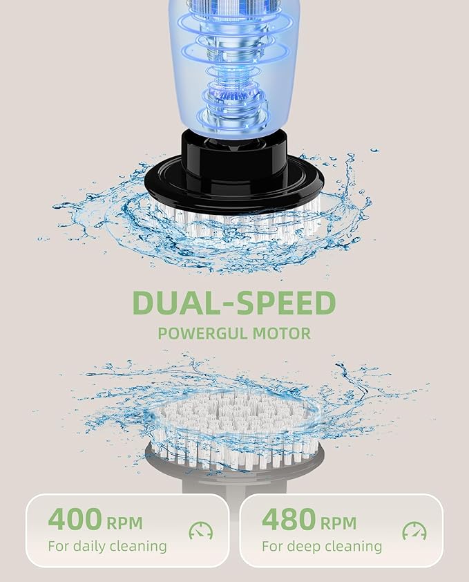 Electric Spin Scrubber, Cordless Power Scrubber with 8 Replaceable Brush Heads, 2-Speed Adjustable Handle, IPX7 Waterproof Shower Scrubber for Bathroom, Tile, Tub, Teens, White-qe1