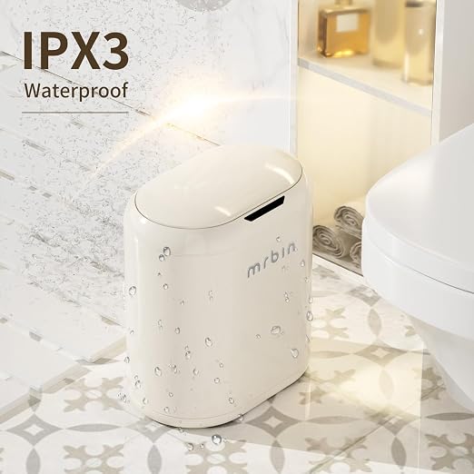 MRBIN Automatic Trash Can for Bathroom, Metal Touchless Garbage Bin with Lid, 3.2 Gallon Small Slim Trash Can for Office and Kitchen, Electric Motion Sensor Bedroom No Touch Bin, Cream White