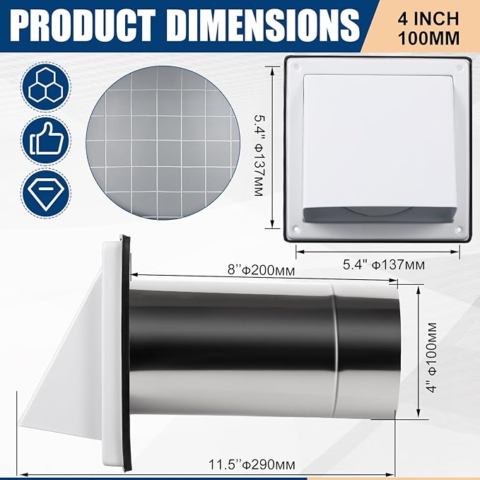 Gisafai 4" Outside Dryer Vent Cover for Exterior Walls Exhaust Vent Cap with Removable Extension Pipe Stainless Steel Hood Cushioned Non Return Flap with Sealing Gasket Grille Screen