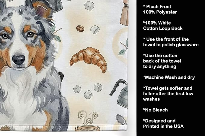 Caroline's Treasures Blue Merle American Shepherd Coffee Bar Kitchen Towel Velour Plush Front and Cotton Loop Back Machine Washable