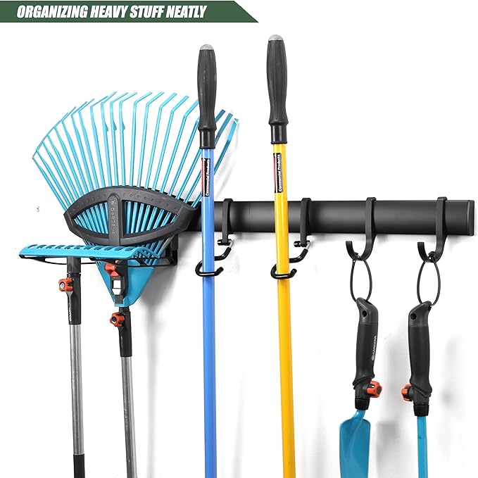 Wall-Mounted Rack With 6 Garage Hooks, Heavy-Duty Aerospace-Grade Aluminum Alloy Hooks Garage & Garden Storage for Shed, Workshop, or Home Organization – For Rakes, Shovels, Tools & More