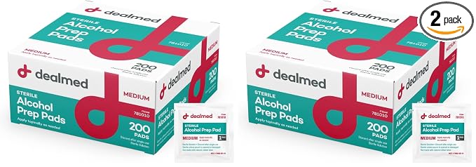 Dealmed 200 Sterile Alcohol Prep Pads Isopropyl Wipes Individually Wrapped Medium Square, 2-Ply for Cuts Scrapes and General Cleansing (Pack of 2)