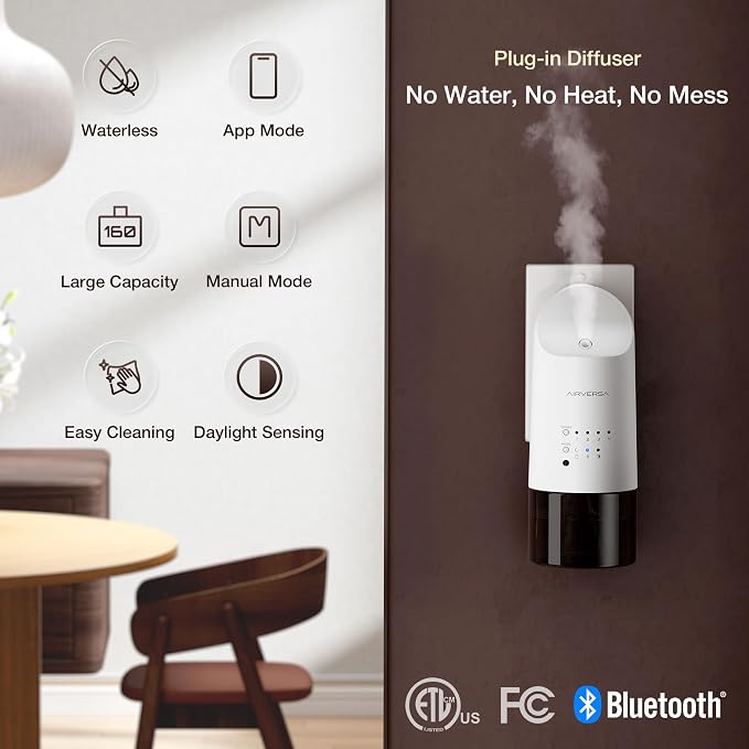 Airversa Smart Waterless Diffuser Plug in Wall for Essential Oils, 160mL, App Control Scent Diffuser with Buttons, Up to 800 sq ft, Oil Diffuser for Home, Room, Spa, Office, Studio, ANP Black Kit