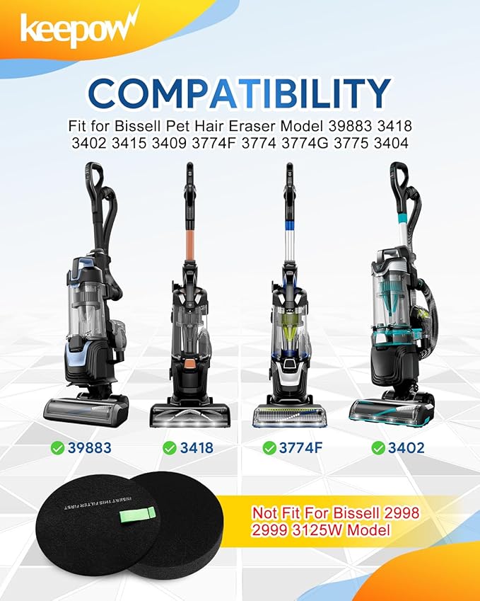 KEEPOW 3774F Vacuum Filters Compatible with Bissell 3774F 39883 3418 3415 3402 3404 3774 3774G 3775 3409 Pet Hair Eraser and PowerLifte Upright Vacuums, Part # 1635630 & 1635629, 2 Pack
