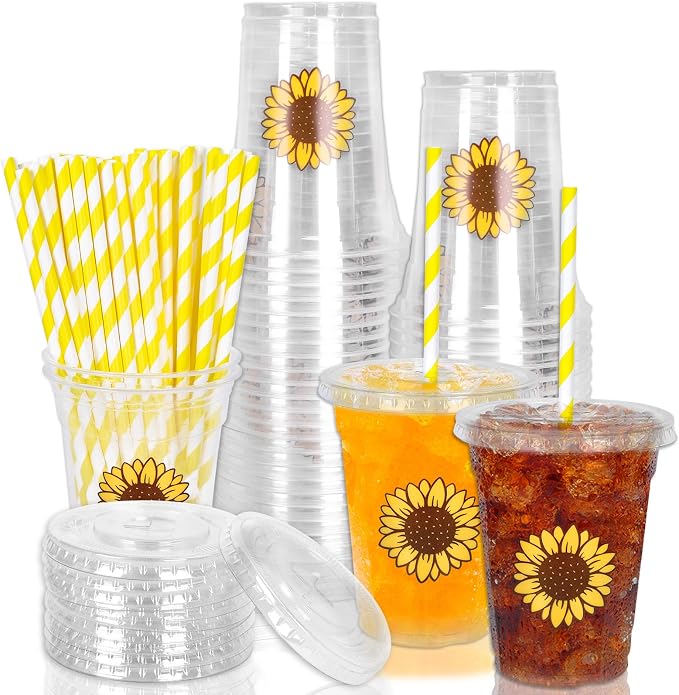 Whaline 50Pcs Sunflower Disposable Plastic Cups with Lids and Straws 12 Oz Summer Floral Cold Beverage Drinking Cups for Birthday Wedding Bridal Shower Party Supplies