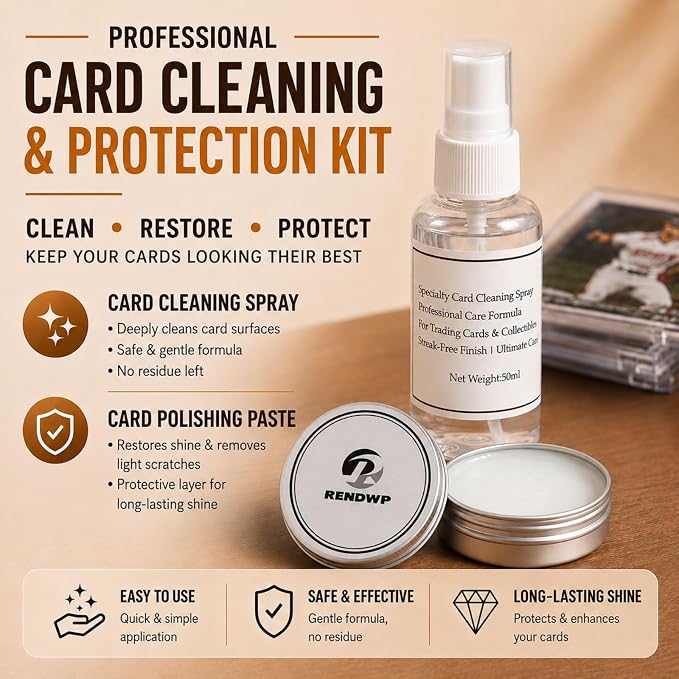 RENDWP 17-in-1 Trading Card Cleaning Care Kit with Clean Spray,Polish,Tweezers,Flattening Tool in Box for All Cards Restoration Repair and Grading Preparation and Flattenin Card Clean Accessories