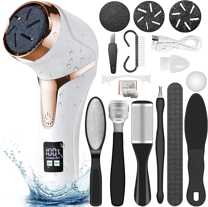 Hoxida Electric Callus Remover for Feet (with Dander Vacuum Cleaner), Quartz, Rechargeable Foot Pedicure Tools Foot File, Professional Foot Care Kit Deadskin Remover with 3Heads&2Speed,LCD Display