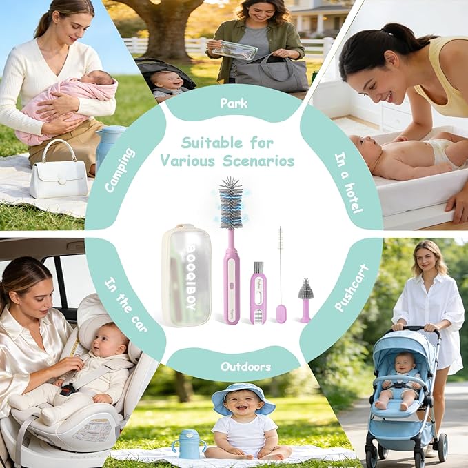 Electric Baby Bottle Brush Cleaner, 5-in-1 Travel Kit with Storage Bag, Food-Grade Silicone, Long Battery Life, Portable Baby Bottle Cleaner Brush Set, Ideal Gift for Parents & Babies (Purple)