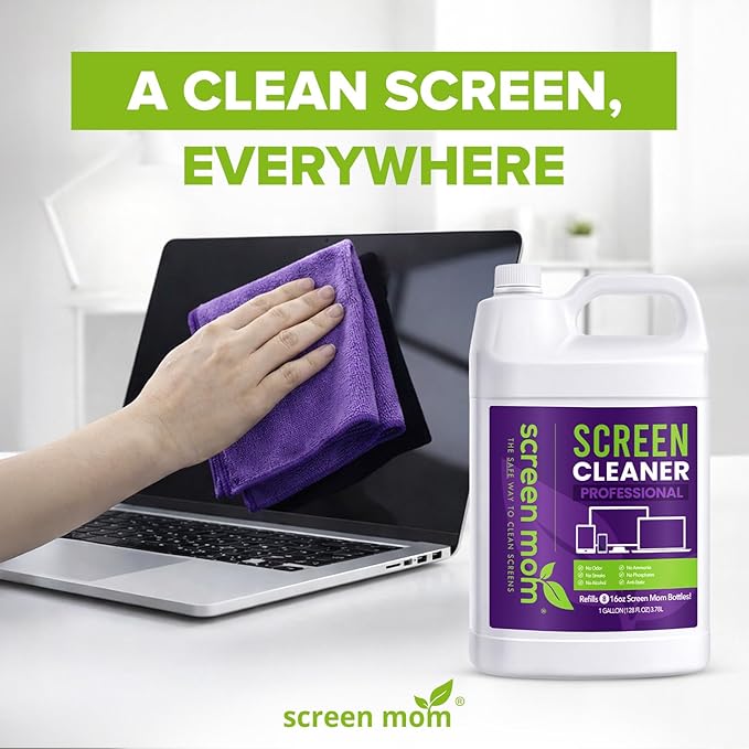 Screen Mom Cleaning Kit - 1 Gallon Screen Cleaner Spray Refill and 4 Pcs Purple Microfiber Cloth, TV Cleaner Spray and Cloth Set for Laptop, Phone, iPad, Car and Computer Cleaning Kit Electronic