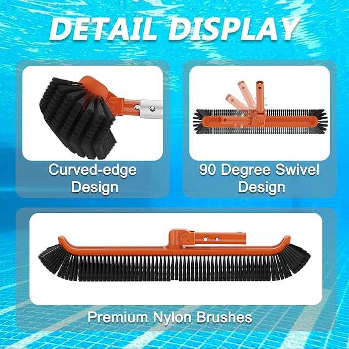 16FT Swimming Pool Pole with Brush, Upgraded Pool Pole Telescopic 16ft Heavy Duty with 19" Pool Brush Head, Adjustable Length 4 to 16 Feet, Universal Pole for Skimmer Net, Brush, Vacuum Head