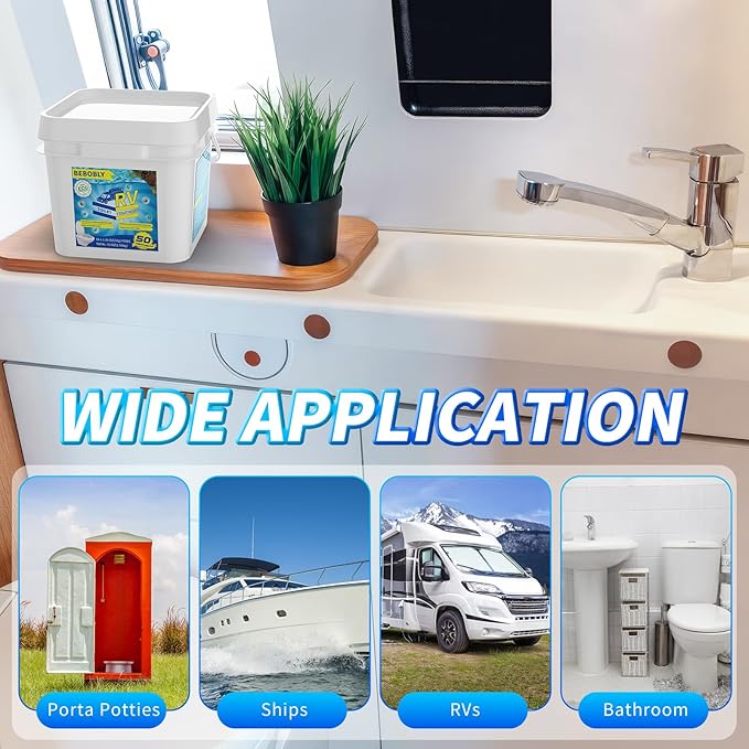 BEBOBLY RV Toilet Treatment Drop Ins, Extra Strength Septic Tank Treatment & Cleaner, Waste Breakdown/Odor Control, RV Black Tank Treatment for RVs, Boats & Portable Toilets, Odor Eliminator (50 Pack)
