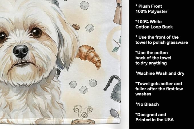 Caroline's Treasures White Lhasa Apso Coffee Bar Kitchen Towel Velour Plush Front and Cotton Loop Back Machine Washable