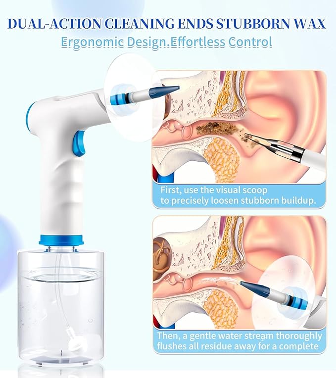 Ear Wax Removal,Electric Ear Flush Kit for Safe Solo Use at Home,Ear Cleaning Tools with 4 Pressures Modes & LED Light, Includes Basin, Towel & 15 Tips