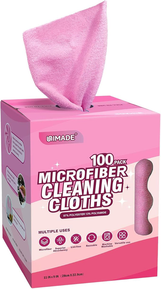 UNIMADE Microfiber Cleaning Cloth, 100 Sheets Microfiber Towels for Cars Commercial Grade Washcloths Lint-Free Bulk Shop Towel Cleaning Rags for Household Restaurant Garage Housekeeping,11"x 9", Pink