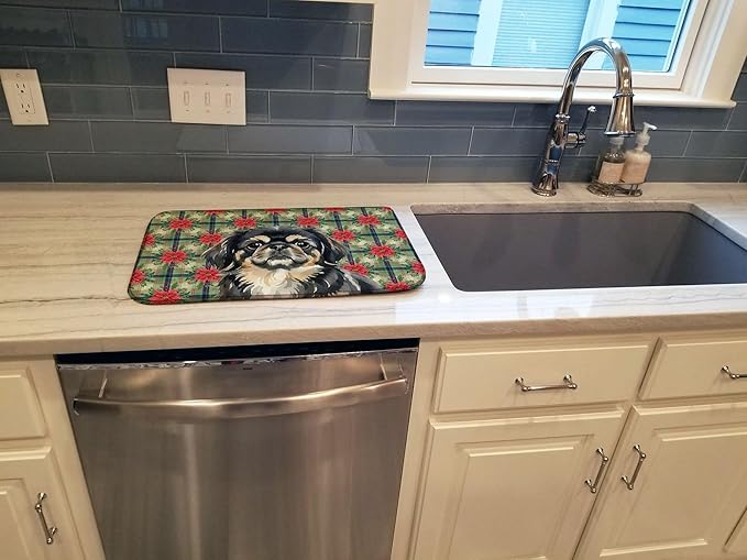 Caroline's Treasures Black and Tan Pekingese Christmas PoinsettIas Dish Drying Mat Absorbent Dish Drying Mat Pad for Kitchen Counter Dish Drainer Mat for Countertop, 14 x 21", Multicolor