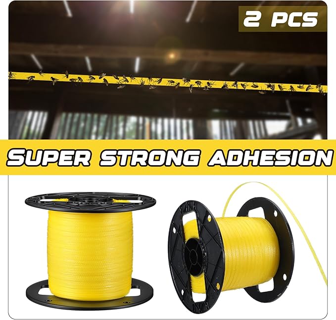 Qualirey 2 Pcs Sticky Fly Tape Roll 1000 ft Fly Ribbon Line Kit Housefly Reel Hanging Sticky Tape Trap Disposable Bug Strip for Barns Home Indoor Outdoor, Non-Toxic (Yellow)