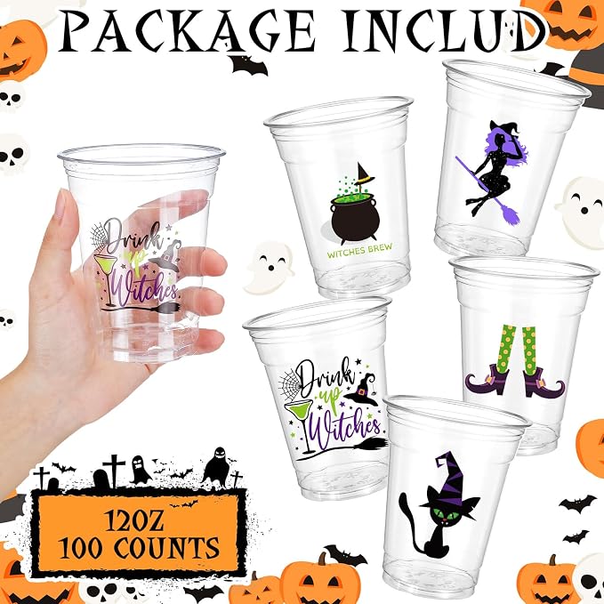 Bokon 100 Sets 12 oz Halloween Cups Witch Theme Clear Plastic Disposable Cups with Lids and Paper Straws Halloween Party Supplies for Party Coffee Beer Beverage Ice Cream Snack Candy