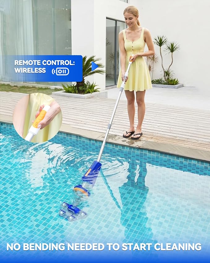 Pool Vacuum for Above Ground & Inground Pools, Handheld Pool Vacuum Cleaner with Wireless Remote, Dual Cleaning Heads, 69.3" Telescopic Pole, 18.5 GPM Suction, 75 Min Runtime for Spa & Hot Tub, Blue