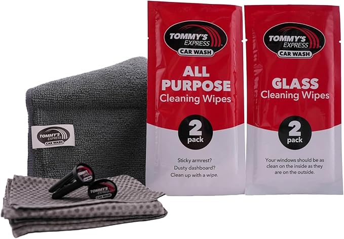 Tommy's Express Interior Detail Kit - Microfiber Cloth, 2 Shop Towels, 2 All-Purpose Wipes, 2 Glass Streak-Free Wipes and 2 Signature Tommy's Clean Car Scent Vent Air Fresheners (9 Piece Set) (3)