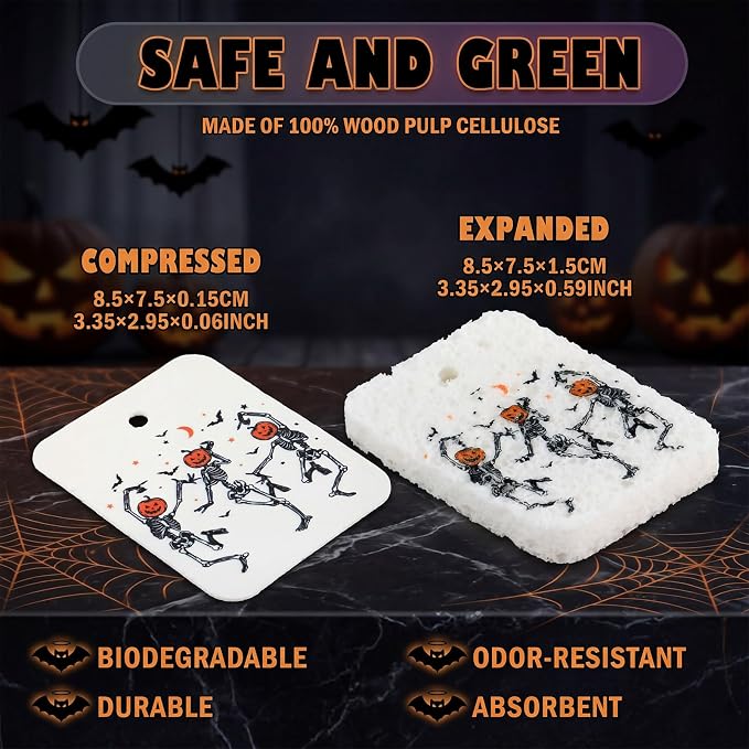Hahafelt 36 Pack Halloween Compressed Cellulose Sponges Bulk Pop up Ghost Pumpkin Skull Kitchen Sponges Natural Kitchen Compostable Non Scratch Dish Tools for Washing Dishes Cleaning Countertop Sink
