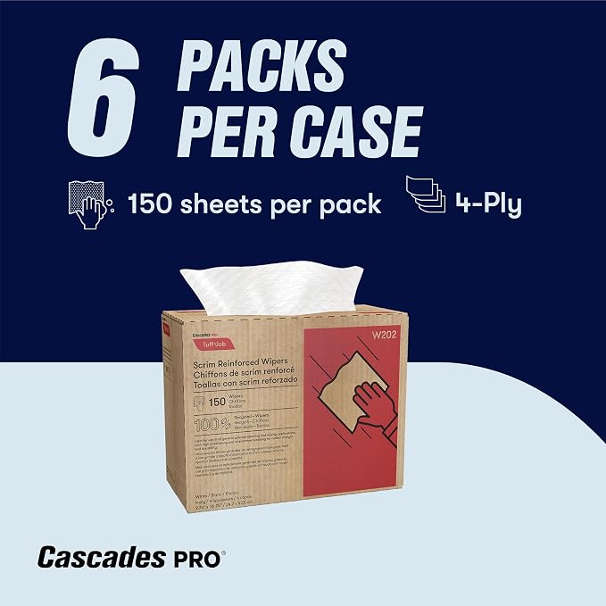Cascades PRO Tuff-Job Wipers – Disposable Pop-Up Dispenser – Heavy-Duty Cleaning Towels for Shop, Garage, Janitorial, Automotive, Commercial use – 150 Sheets/Pack, 6 Packs/Box – W202 - White