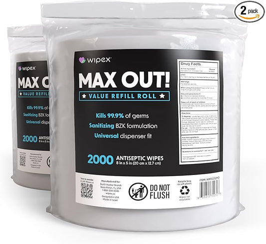 Wipex Max Out Sanitizing Wipes for Fitness Centers - 2000 Wipes Per Roll, Pack of 2, Economy Size Refill Rolls for Dispensers, 5"x8" - Ideal for High Volume Commercial Gyms, Schools & Studios