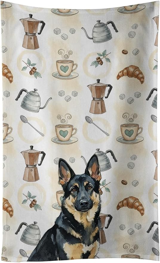 Caroline's Treasures Black and Tan German Shepherd Coffee Bar Kitchen Towel Velour Plush Front and Cotton Loop Back Machine Washable