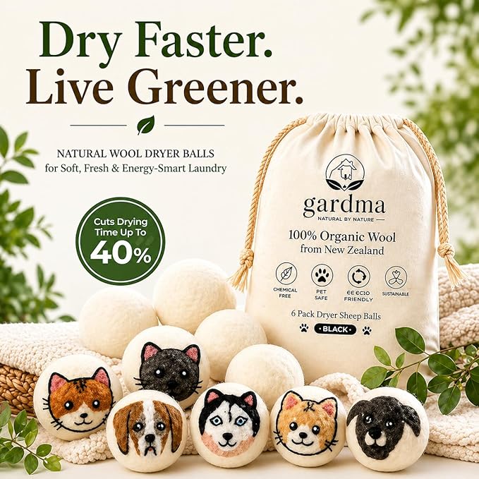 Wool Dryer Balls XL 6-Pack – Organic Wool Dryer Balls for Laundry Reusable, Natural Fabric Softener, Reduces Drying Time, Static, Wrinkles & Laundry Clumping