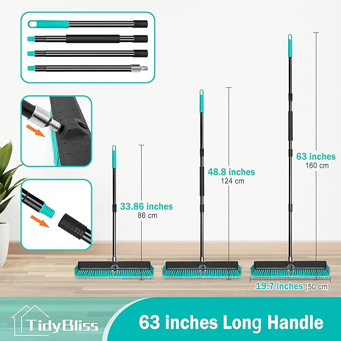18” Push Broom Outdoor Heavy Duty, Large Commercial Stiff Bristle Brush with 63 inches Long Handle for Garage Shop Garden Yard Patio Deck Street Warehouse Lawn Driveway (Green)