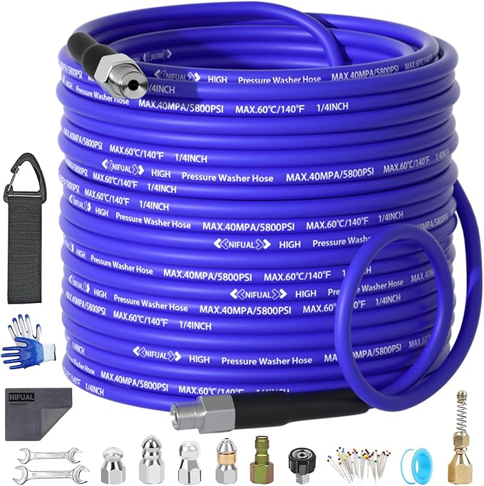 NIFUAL 100FT Sewer Jetter Kit for Pressure Washer, 5800PSI Drain Cleaner Hose 1/4 Inch NPT Corner, Rotating and Button Hose Sewer Jetting Nozzle Waterproof Tape Pearl Corsage Pin Spanner Glove