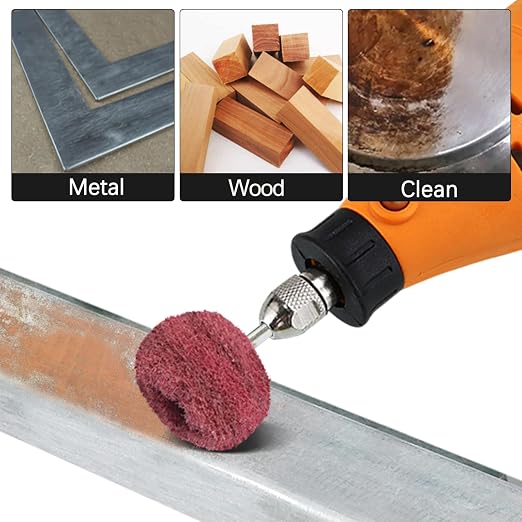 FPPO 100PCS Abrasive Buffing Polishing Wheel Set for Rotary Tool,Mini scouring pad Brush Polishing kit, Removal of Rust,Deburring on Metal Surface,with 3mm Mandrel