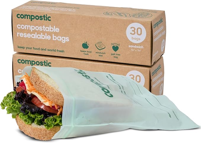 Compostic Compostable Sandwich Bags (60 Count) Starter Pack — Resealable Zip-Seal, Plant-Based, Home Compostable, Freezer & Microwave Safe, BPA-Free, Non-Toxic, GMO-Free Food Storage Bags