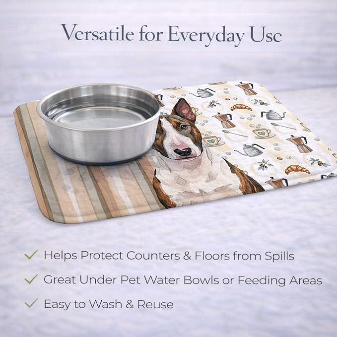 Caroline's Treasures Brindle and White Bull Terrier Coffee Bar Dish Drying Mat Absorbent Dish Drying Mat Pad for Kitchen Counter Dish Drainer Mat for Countertop, 14 x 21", Multicolor