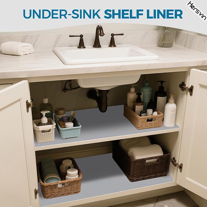 Hersvin Shelf Liners, 12in x 20ft Kitchen Drawer Mats, Non-Adhesive EVA Cupboard Protector, Cabinet Lining (Light Gray/Dot)