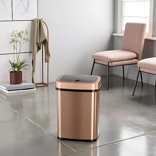 DZT-12-5 12L Stainless Steel Smart Waste Bin with Motion Sensor | Touchless Auto-Open Lid & Soft-Close for Bathroom, Kitchen & Office (Gold)