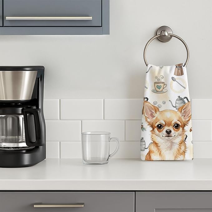 Caroline's Treasures Fawn Chihuahua Coffee Bar Kitchen Towel Velour Plush Front and Cotton Loop Back Machine Washable