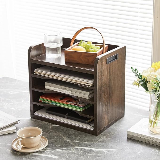YMYNY Desktop File Organizer with Handle, Document Letter Mail Tray Sorter with 3 Adjustable Shelves, 5 Tiers Paper Holder for Home Office Desk, Black Gray,13.4 * 12.4 * 9.06" UHBC006G
