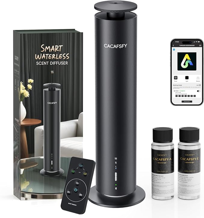 Waterless Essential Oil Diffuser for Large Room up to 1000 Sq Ft - Smart Hotel Scent Diffuser for Home with App, Remote & Timer, Whisper-Quiet Aluminum, Includes 2 x 120ml Oils