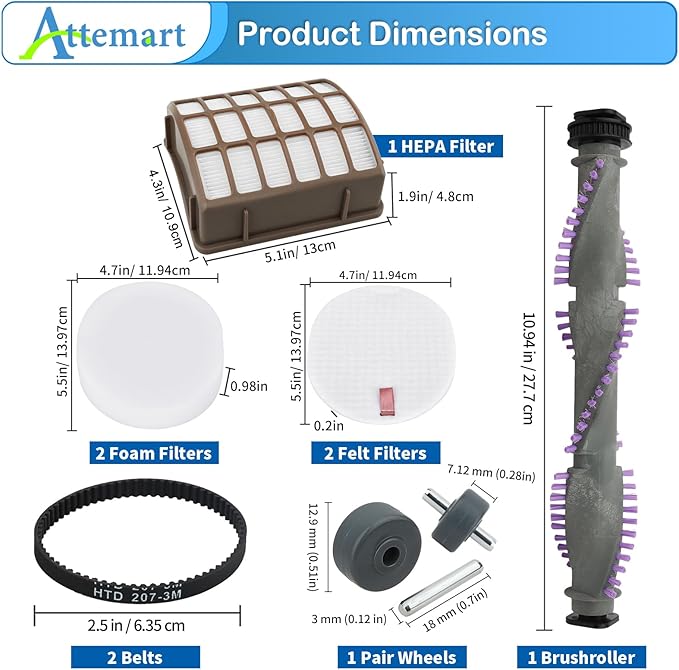 NV70 Brushroll Belt Filter Replacement Part for Shark Navigator Professional Vacuum NV80 NV90 NV95 NV71 UV420 Kit, 1 Brush Roller, 1 Post-motor+ 2 Foam & Felt Filter, 2 Belts, 1 Pair Wheels
