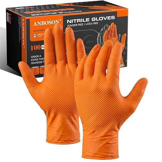 ANBOSON 10mil Nitrile-Gloves Disposable-Orange Chemical-Resistant Rubber - Mechanic Gloves Heavy Duty, Latex Free, Diamond Grip (100, Medium)