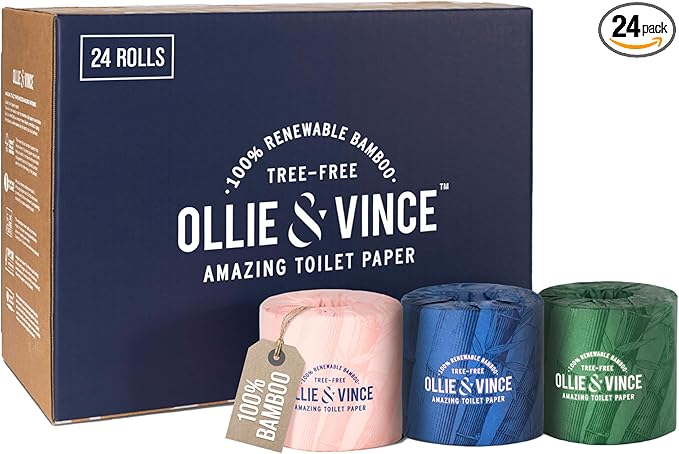 Ollie & Vince Bamboo Toilet Paper | Sustainable, Eco-Friendly, Plastic-Free & Tree-Free, Organic | 24 Rolls, 3-Ply, Soft, Strong & Septic Safe, Unscented | Premium Bathroom Tissue