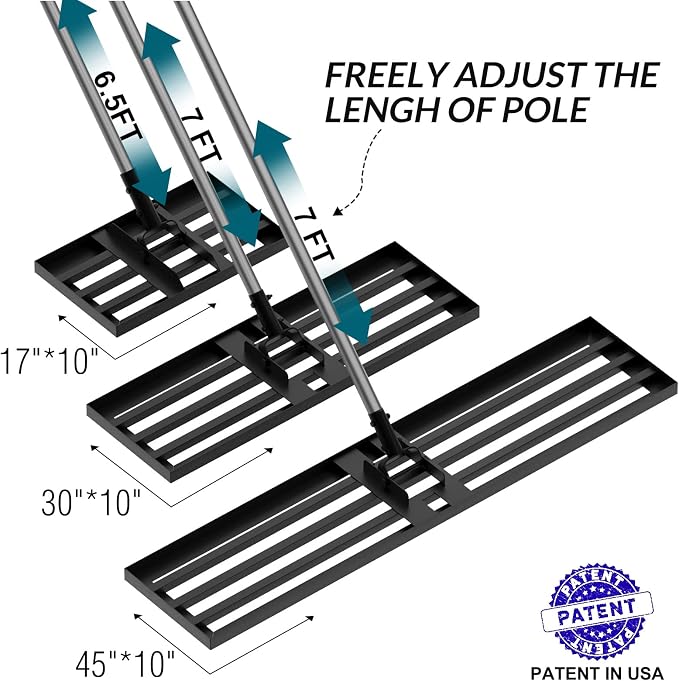 Walensee Large Lawn Leveling Rake, 45"x10" Heavy Duty Lawn Leveler Tool with 7FT Steel Handle, Levelawn Landscape Rake for Topdressing, Soil, Sand, Dirt, Large Yard, Garden, Golf Course