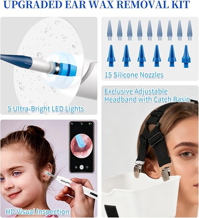 Ear Wax Removal, Earwax Removal Kit with Camera 500ml Ear Cleaner Kit with HD Display & 4 Pressure Settings, Safe and Effective Ear Flush Kit with Ear Cleaner - Includes Basin, Towel & 16 Tips