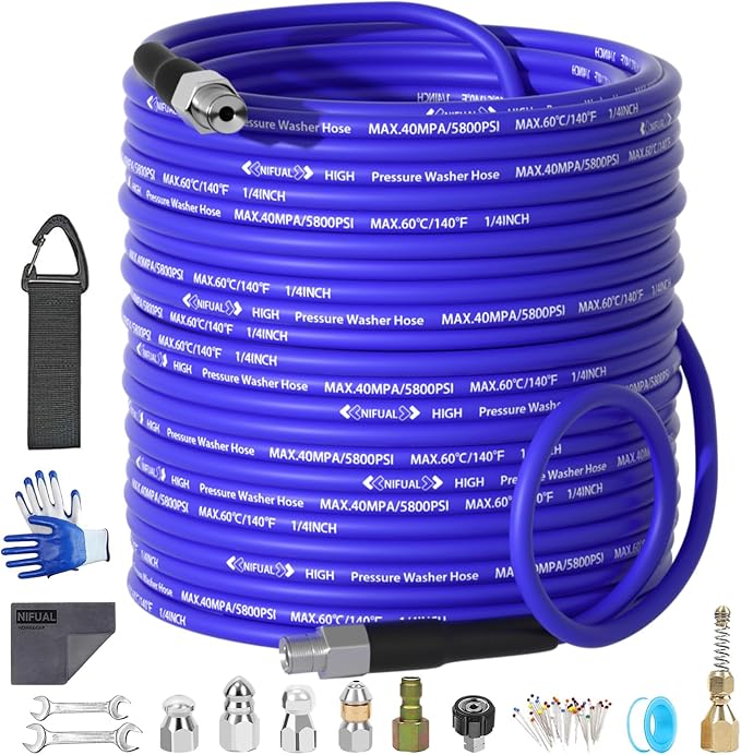 NIFUAL 150FT Sewer Jetter Kit for Pressure Washer, 5800PSI Drain Cleaner Hose 1/4 Inch NPT Corner, Rotating and Button Hose Sewer Jetting Nozzle Waterproof Tape Pearl Corsage Pin Spanner Glove